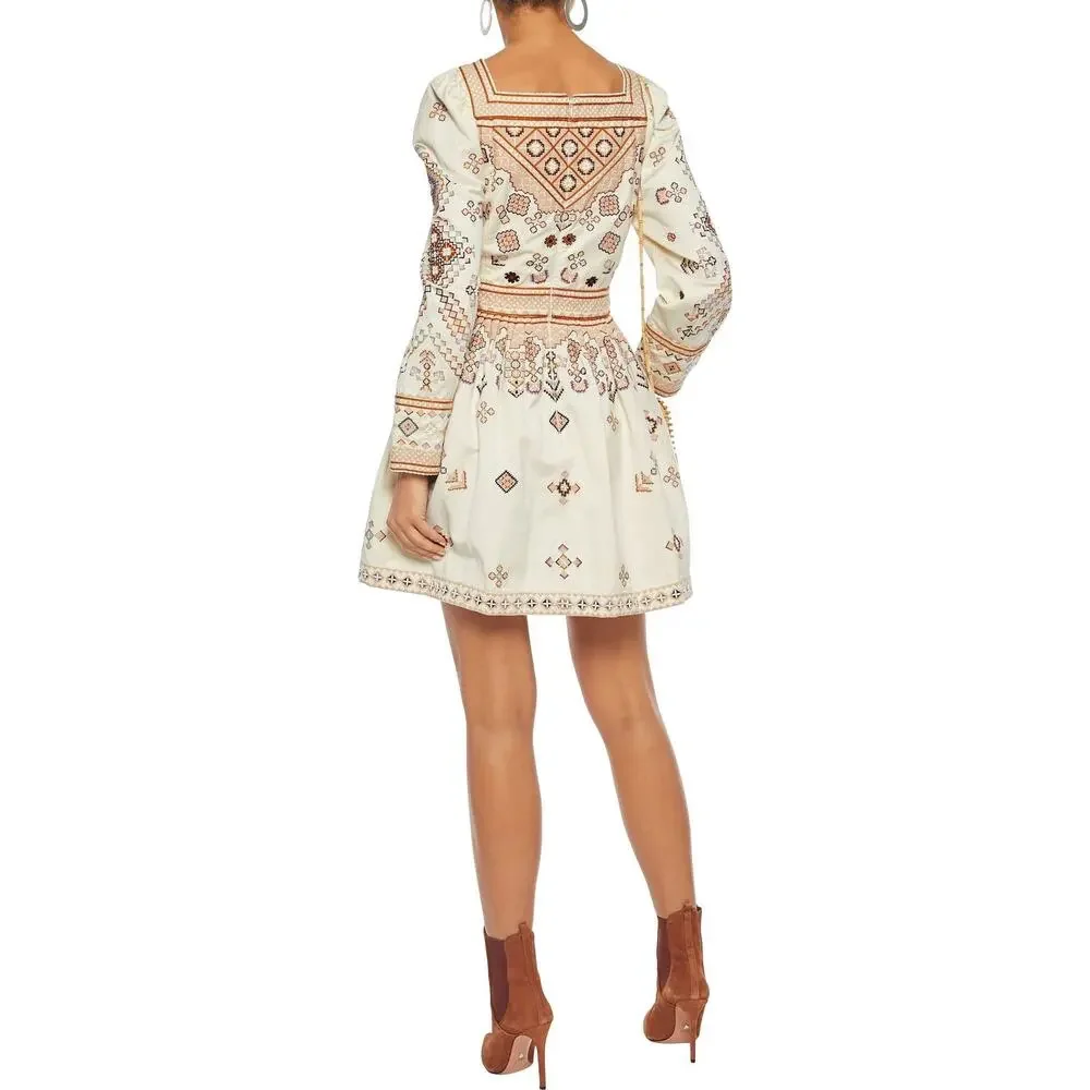 Ulla Johnson Adilah Beaded Embroidered Cotton Linen Mini Dress Ochre size 0